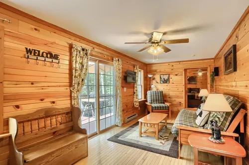 The cozy living room overlooking the deck.